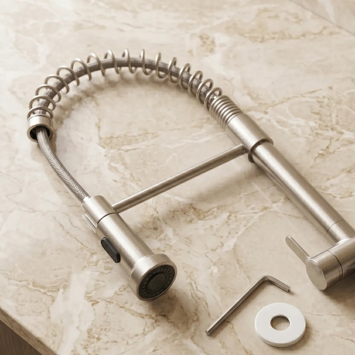 Kit da torneira para cozinha de parede gourmet inox escovada desmontada sobre mármore, com corpo, mola, ducha flexível, chave allen e anel de fixação inclusos.