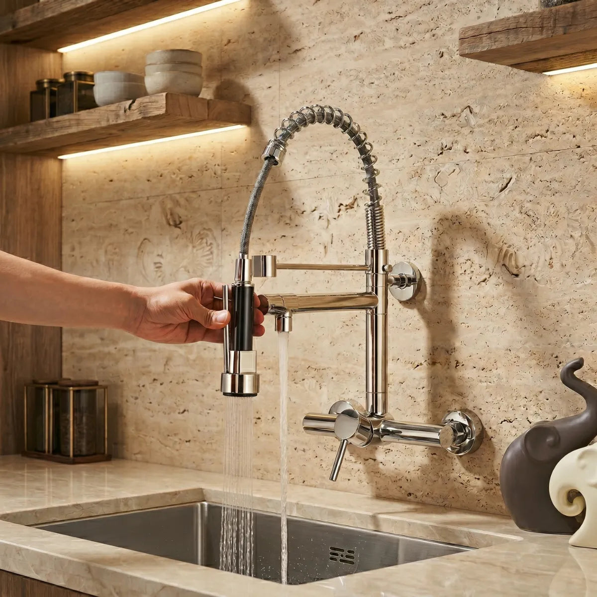 Misturador de parede estilo restaurante cromado com ducha flexível e água em jato sobre pia de inox em cozinha com prateleiras de madeira iluminadas