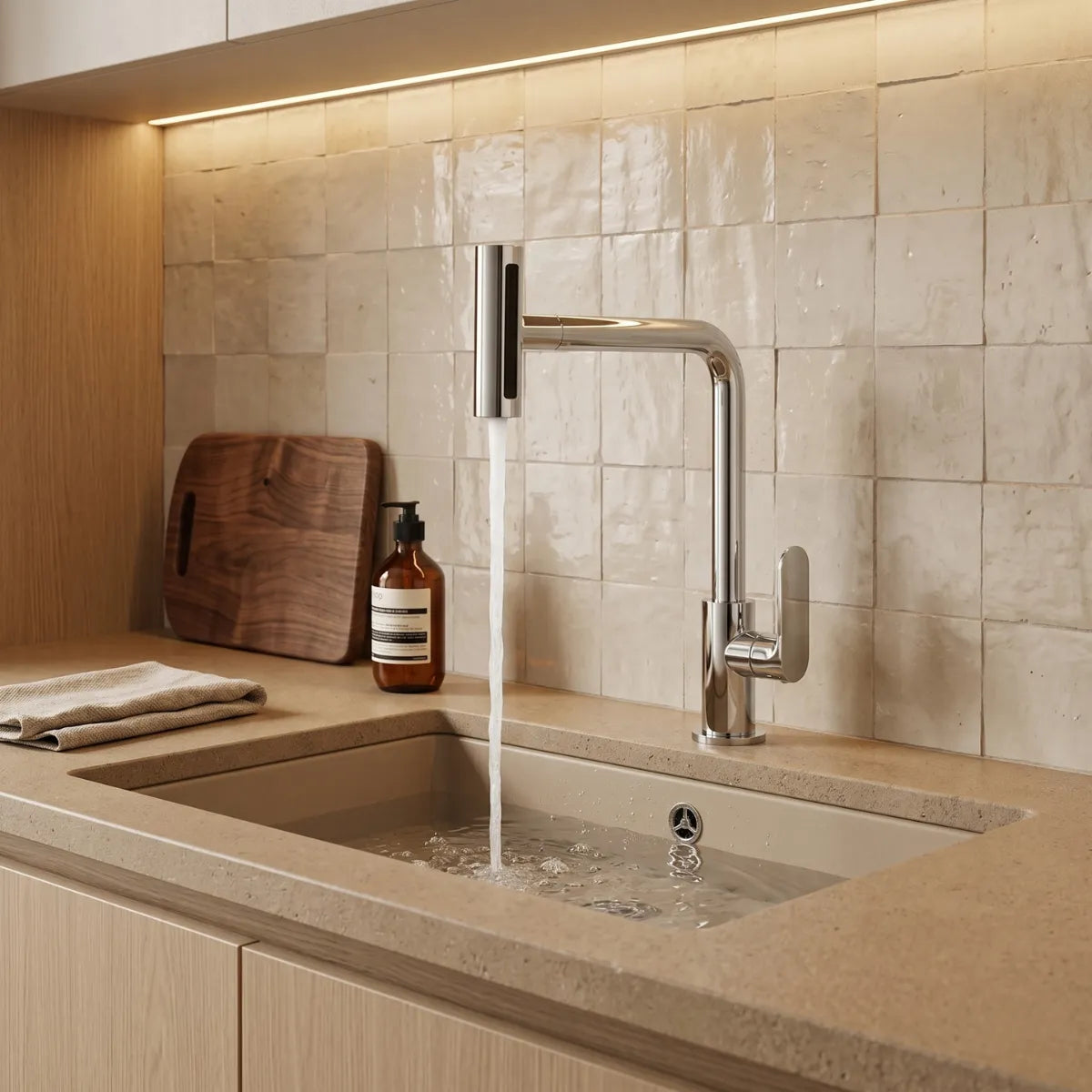 Torneira para cozinha gourmet 4 em 1 cromada em uso com jato concentrado na cuba bege, revestimento zellige off-white iluminado, tábua de madeira e saboneteira âmbar ao fundo.