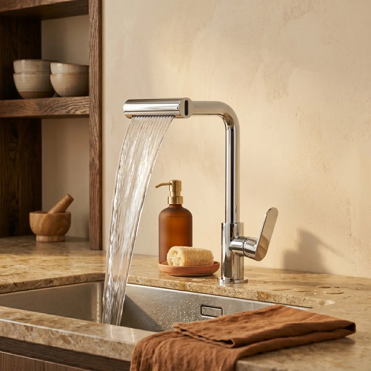Torneira para cozinha rotativa Pivot cromada com bocal girado para modo cascata, jato em leque largo sobre bancada de travertino, prateleiras de carvalho e pilão de madeira ao fundo.
