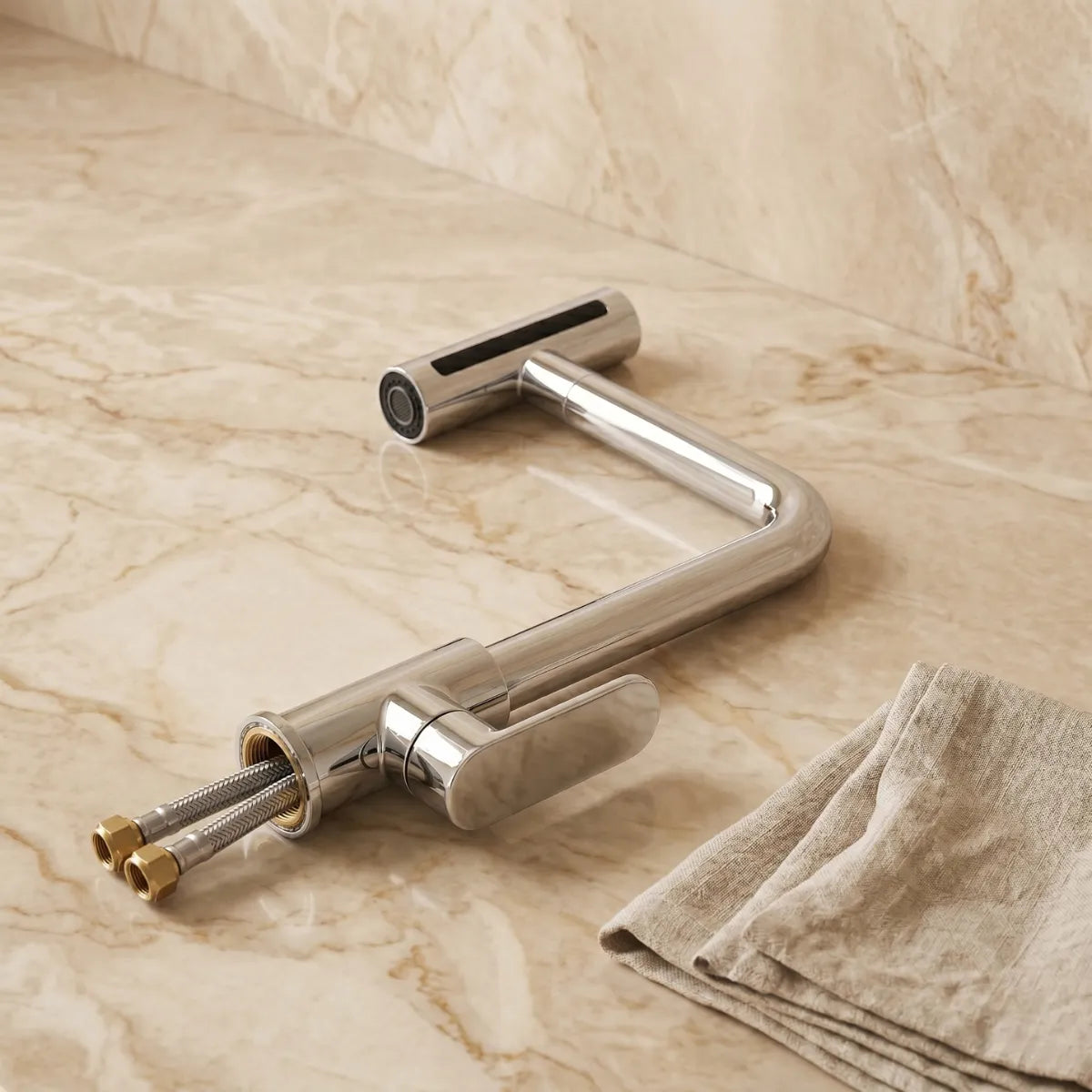 Kit da torneira para cozinha gourmet cromada Pivot desmontada sobre mármore, com corpo angular, bocal rotativo multifunção, alavanca paddle, mangueiras trançadas de latão e pano de linho.