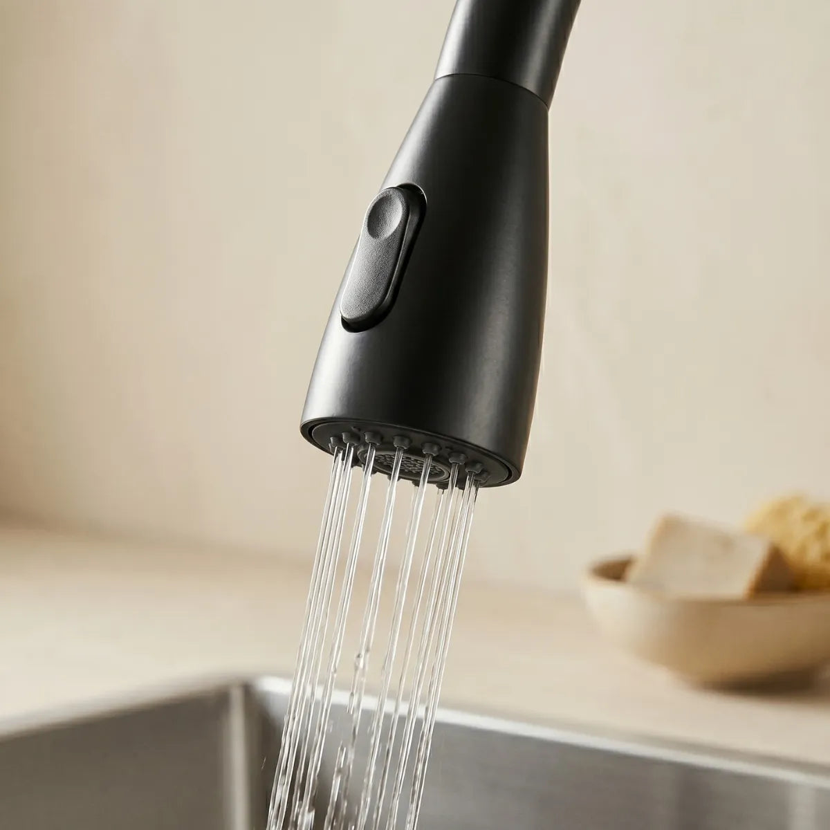 Detalhe do bocal da torneira para cozinha gourmet preta Basalto em modo chuveiro, com múltiplos filetes d'água e botão seletor de jato em acabamento matte.