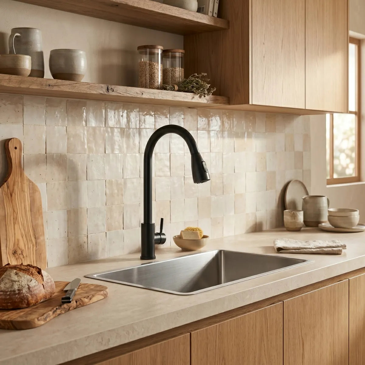 Torneira para cozinha preta extensível instalada em bancada clara com cuba de inox, revestimento zellige off-white, armários de carvalho e prateleira com potes e ervas secas.