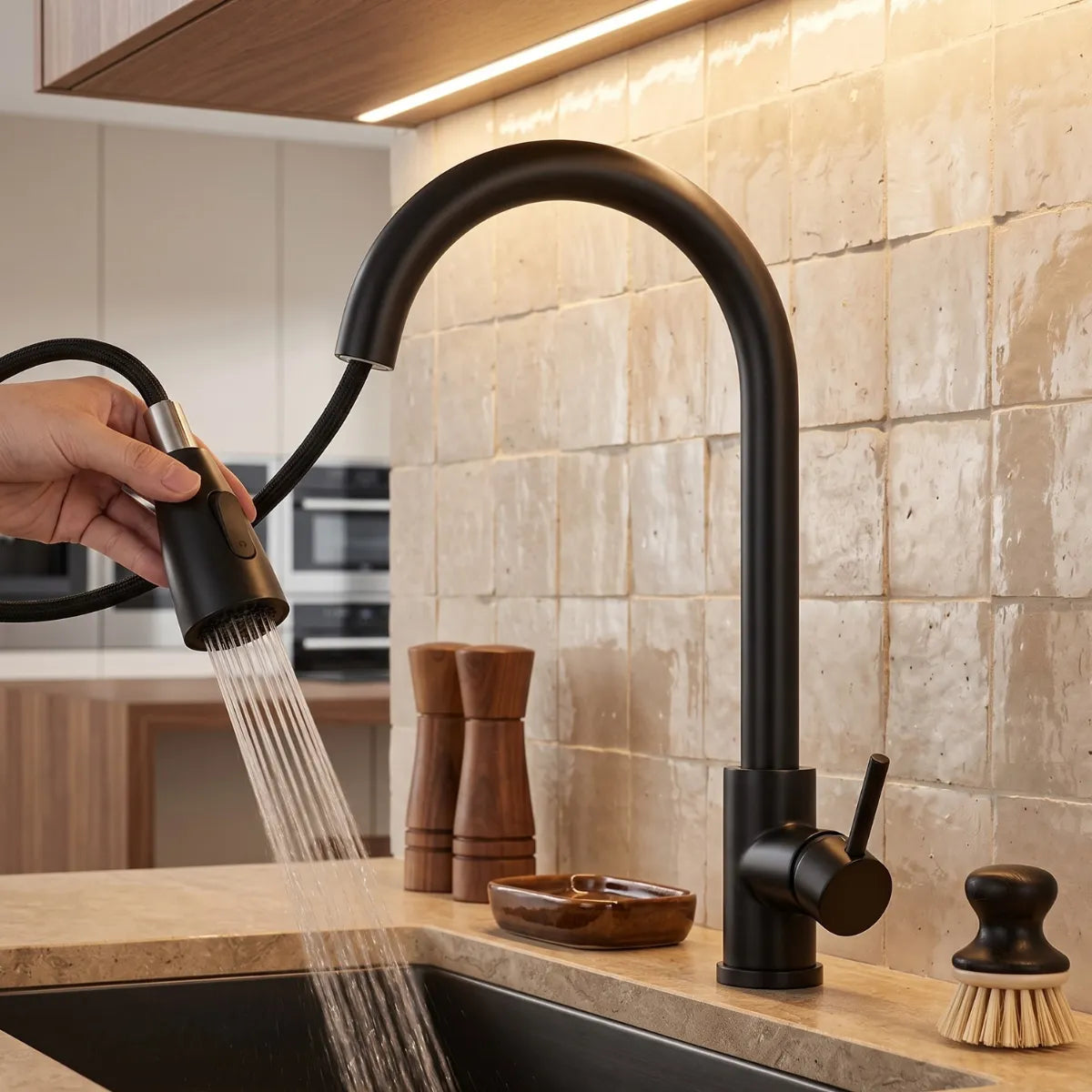 Mão puxando a ducha extensível da torneira para cozinha gourmet preta Basalto em modo chuveiro, com revestimento zellige bege, moedor de madeira e escova de louça ao fundo.