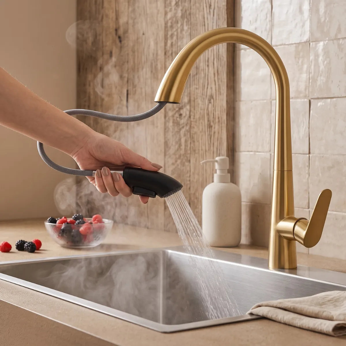 Mão puxando a ducha extensível da torneira para cozinha dourada Cygne em modo chuveiro sobre cuba de inox com vapor, revestimento zellige e frutas vermelhas na bancada.