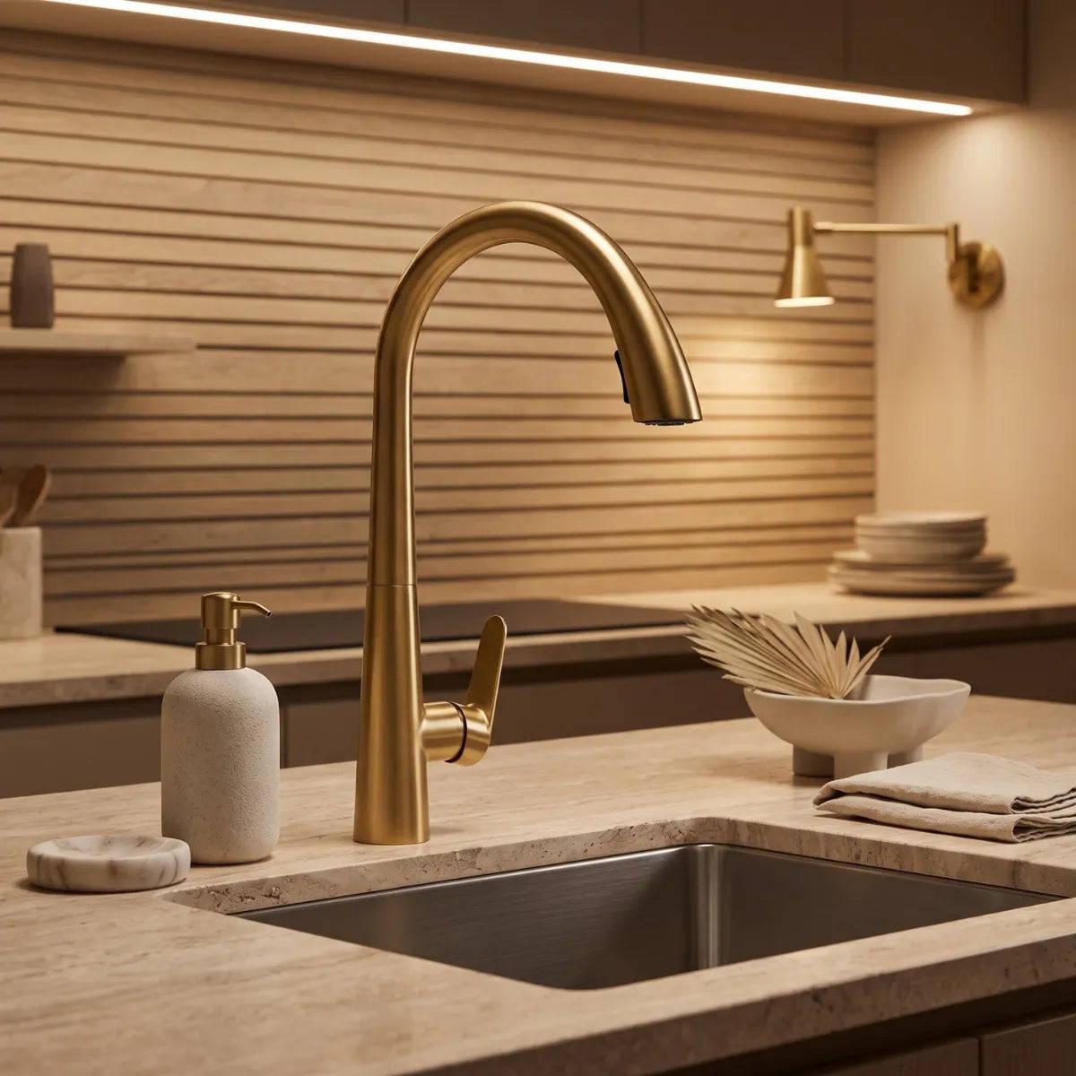 Torneira para cozinha gourmet dourada Cygne em cozinha contemporânea com revestimento ripado de madeira iluminado, bancada de travertino e arandelas douradas ao fundo.