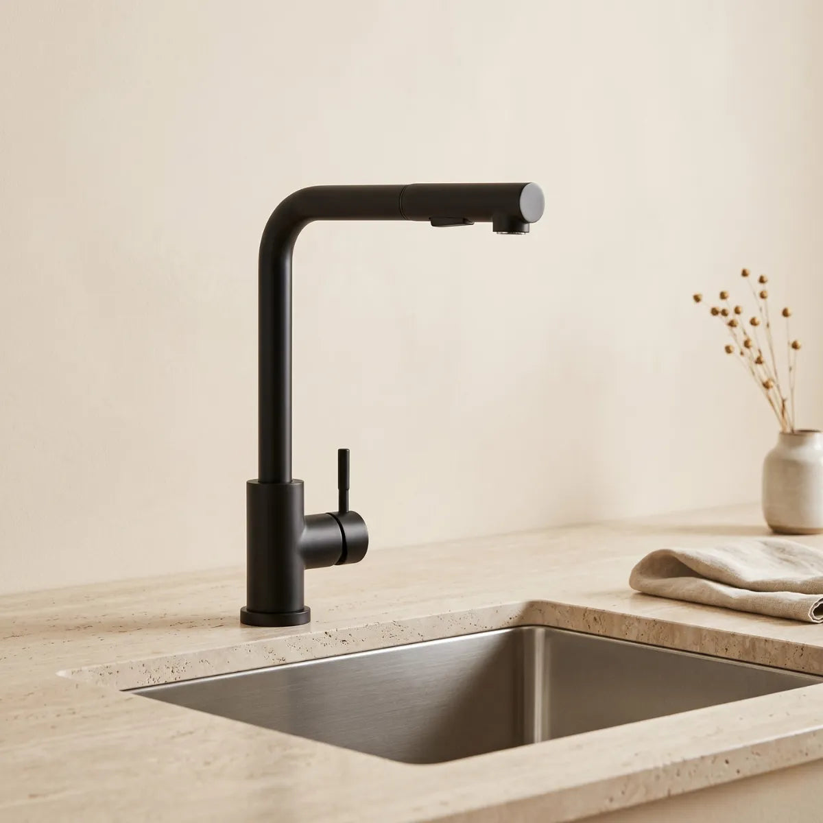 Torneira para cozinha gourmet preta Noir com bica angular extensível recolhida, instalada em bancada de travertino com cuba de inox e vasinho de flores secas ao fundo.