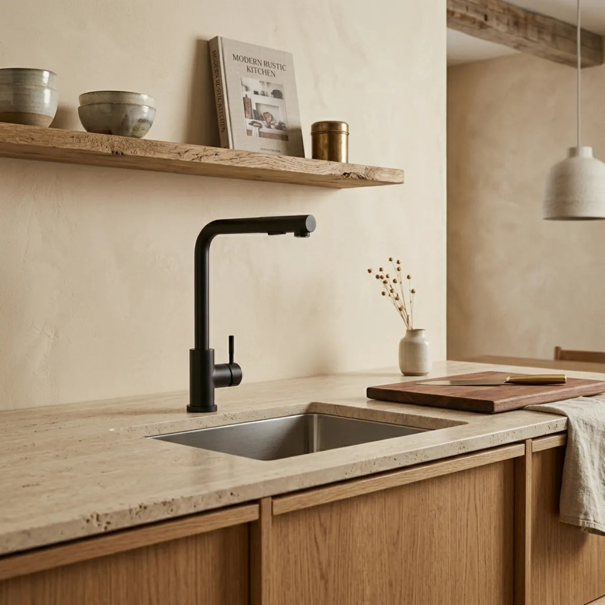 Torneira para cozinha extensível preta em cozinha rústica minimalista com bancada de travertino, armários de carvalho, prateleira de madeira bruta e livro de culinária ao fundo.