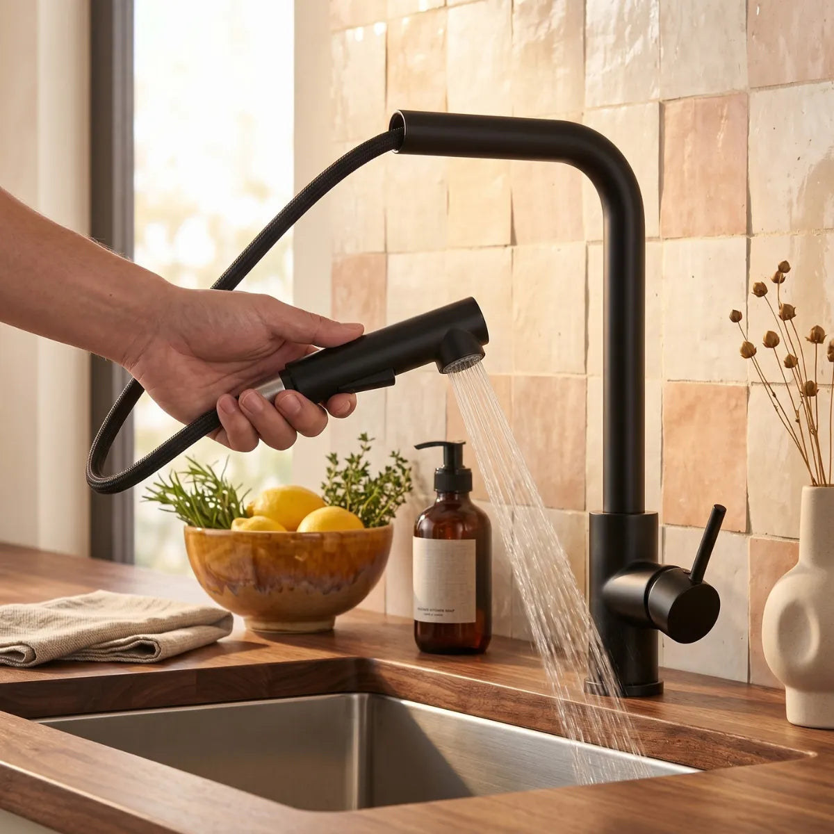 Mão puxando a ducha extensível da torneira para cozinha preta Noir em modo chuveiro, com jato largo sobre bancada de madeira, tigela de limões e revestimento zellige terracota ao fundo.