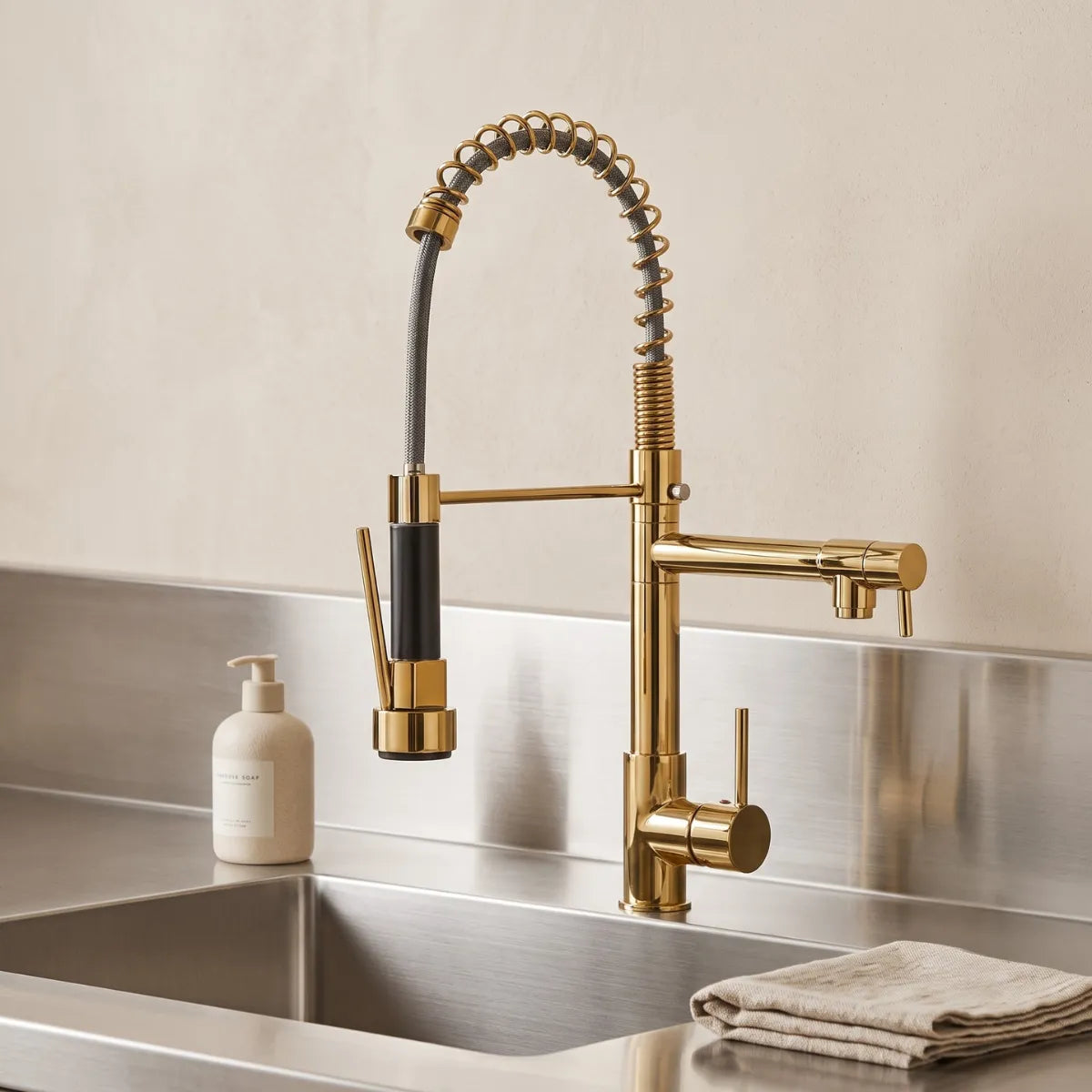 Torneira para cozinha gourmet dourada Bocuse com mola espiral bicolor ouro e grafite e ducha flexível recolhida, instalada sobre cuba de inox com backsplash metálico e saboneteira ao lado.