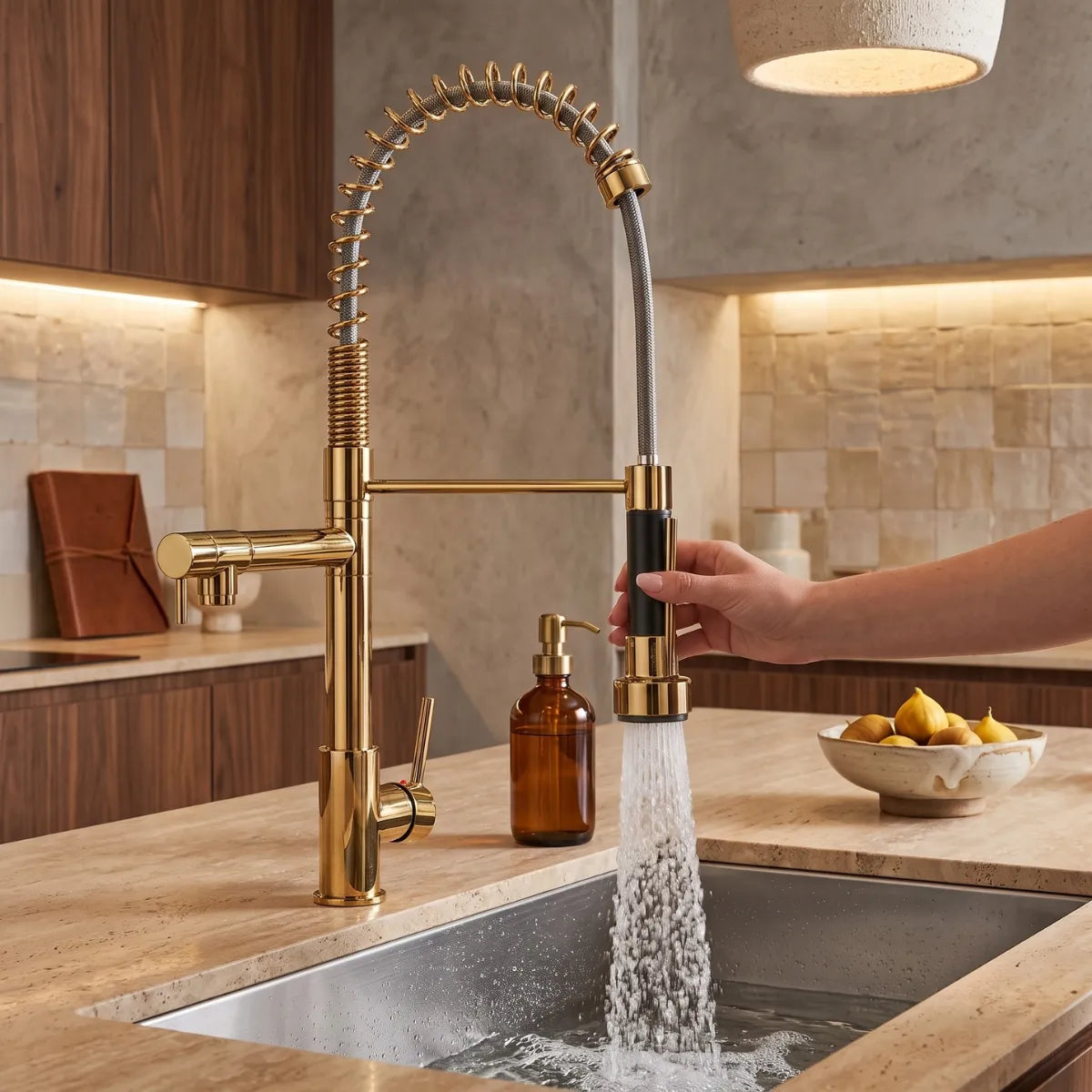 Mão segurando a ducha flexível da torneira para cozinha dourada Bocuse em modo chuveiro intenso sobre cuba de inox, bancada de travertino com pendente de cimento e armários de nogueira.