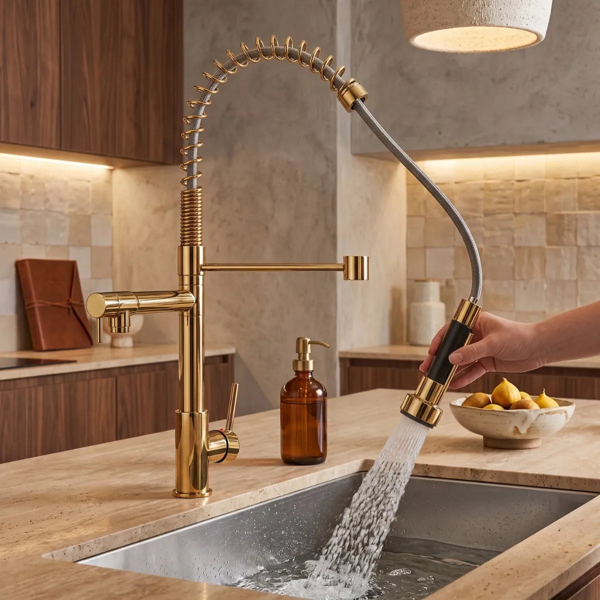 Mão direcionando a ducha da torneira para cozinha monocomando dourada com jato contínuo na cuba de inox, demonstrando o alcance da mangueira flexível em cozinha com iluminação embutida.