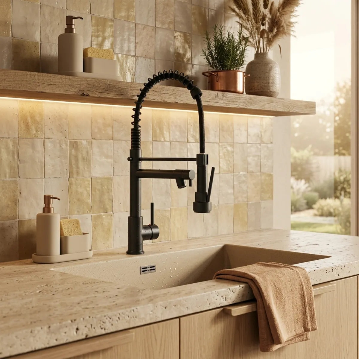 Torneira para cozinha preta com mola e ducha retrátil em cozinha rústica clara, com prateleira de madeira iluminada, revestimento zellige e ervas frescas decorativas.