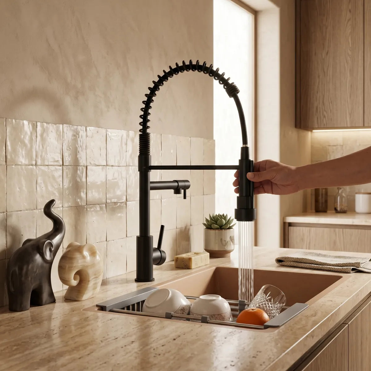 Mão puxando a ducha da torneira para cozinha gourmet preta para lavar louças na cuba, com bancada de travertino, escorredor embutido e decoração provençal.