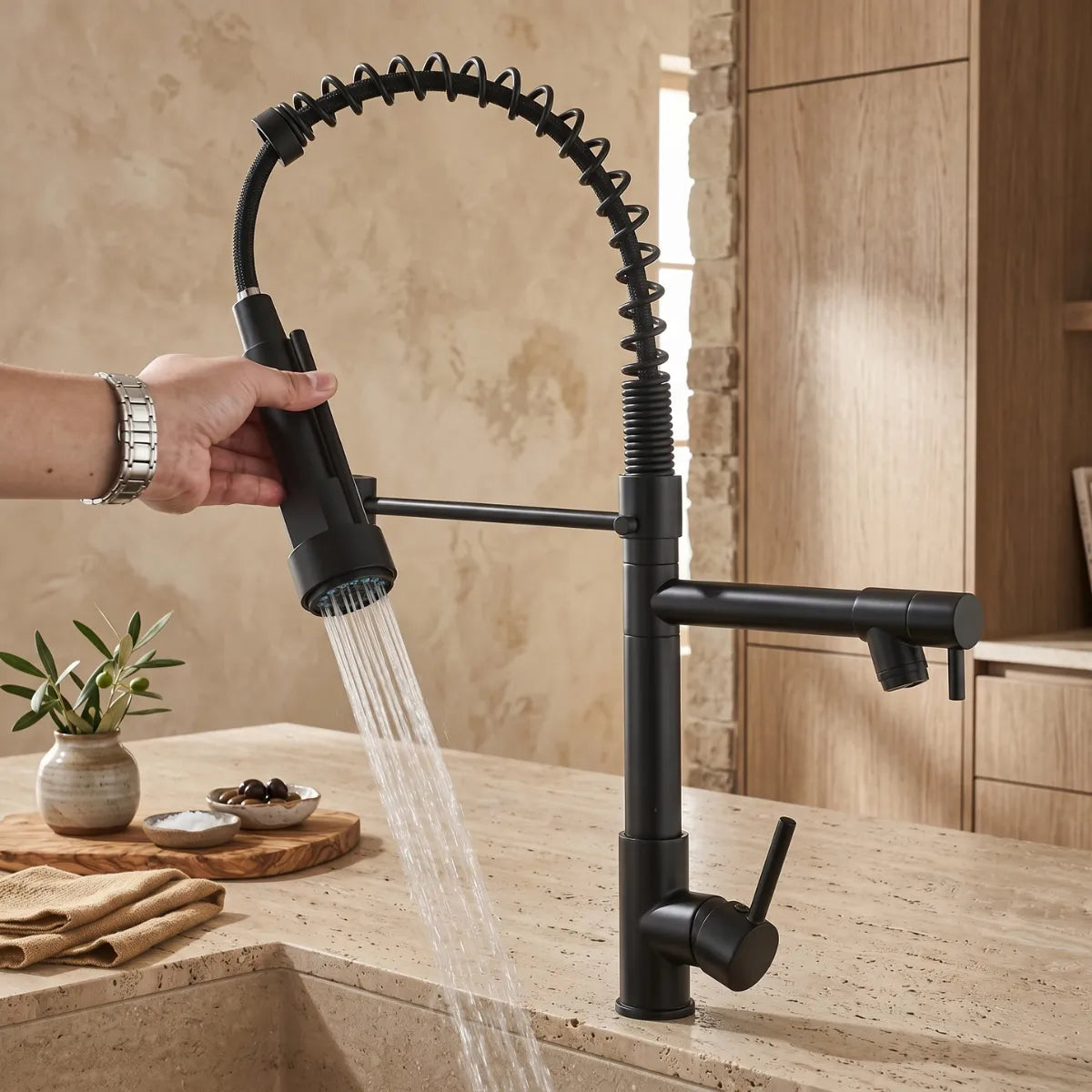 Mão direcionando a ducha flexível da torneira para cozinha preta Bocuse em modo chuveiro, com jato largo sobre bancada de travertino e decoração rústica ao fundo.