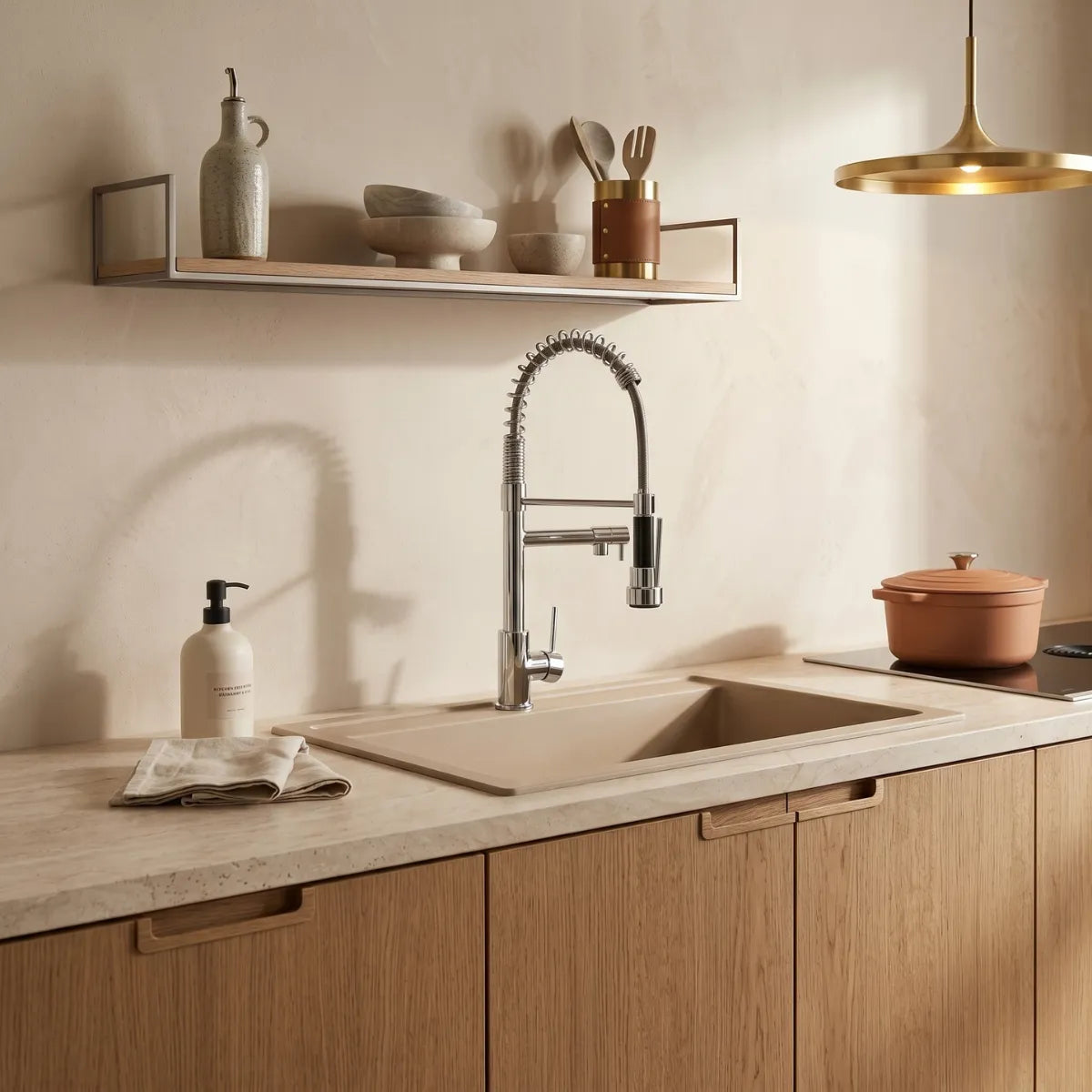 Torneira para cozinha gourmet cromada com mola industrial em cozinha escandinava, com bancada de travertino, armários de carvalho, prateleira com utensílios e pendente dourado.