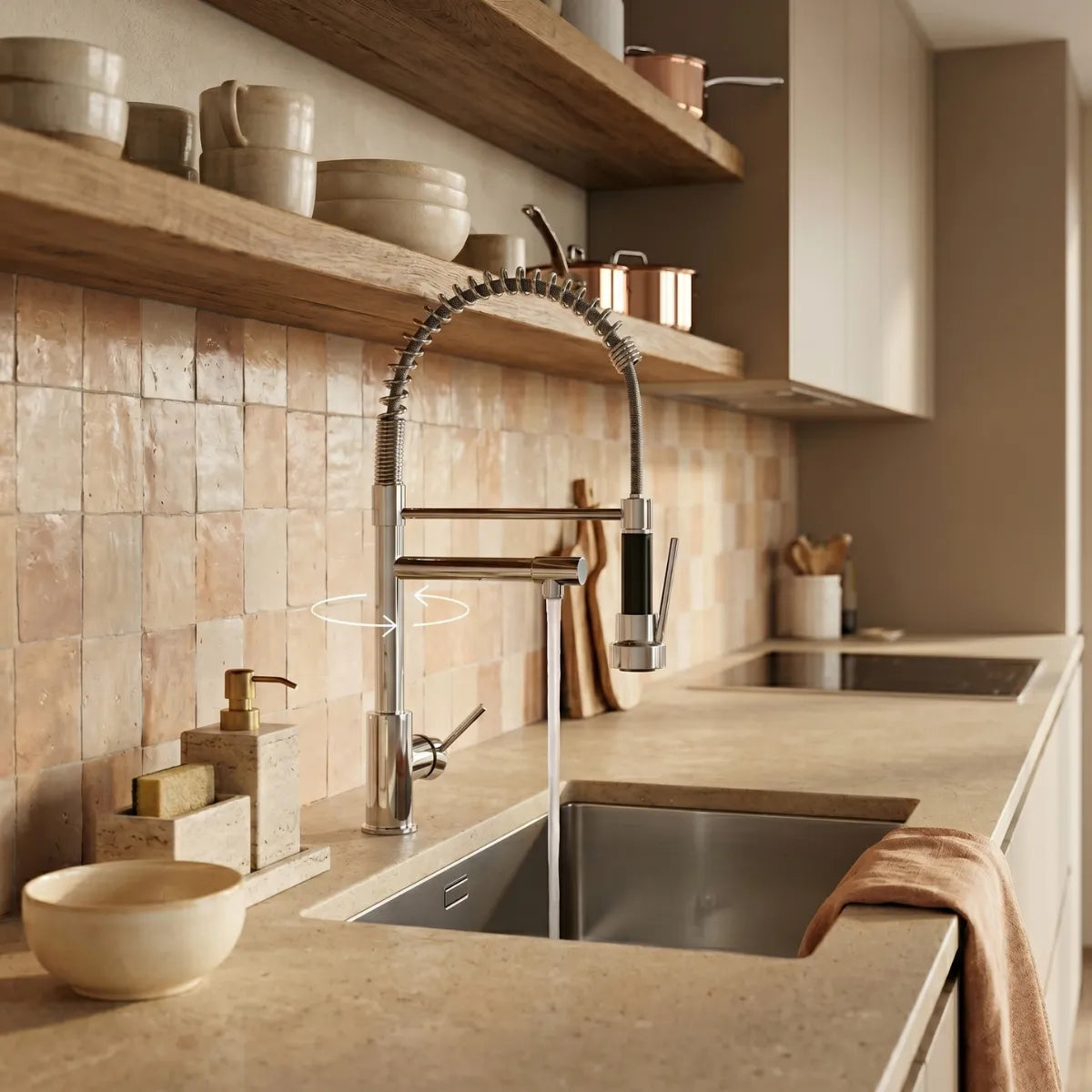 Torneira para cozinha monocomando cromada com setas indicando rotação de 360° da bica, instalada em bancada de travertino com revestimento zellige terracota e prateleiras rústicas.
