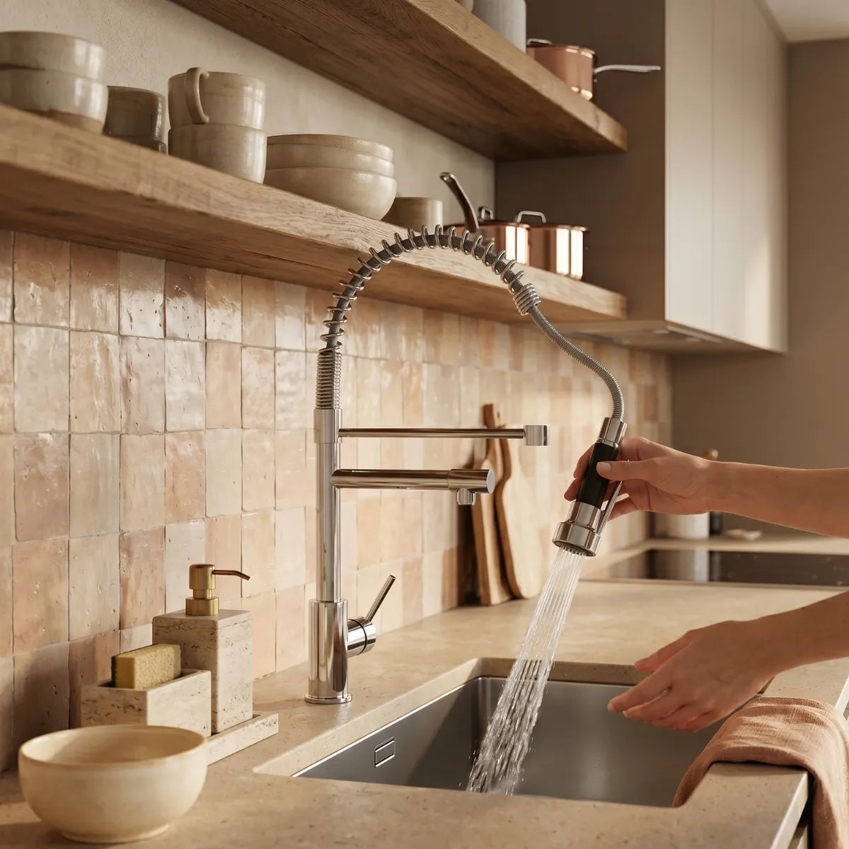 Mãos puxando e direcionando a ducha flexível cromada da torneira para cozinha gourmet em modo chuveiro sobre cuba de inox, cozinha com zellige terracota e prateleiras de madeira.