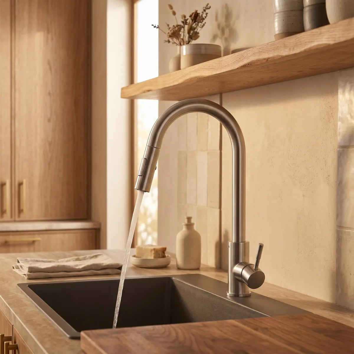 Torneira para cozinha gourmet monocomando inox com ducha extensível acionada, jato d'água na cuba preta embutida em bancada de madeira, ambiente rústico com prateleira e ervas secas.