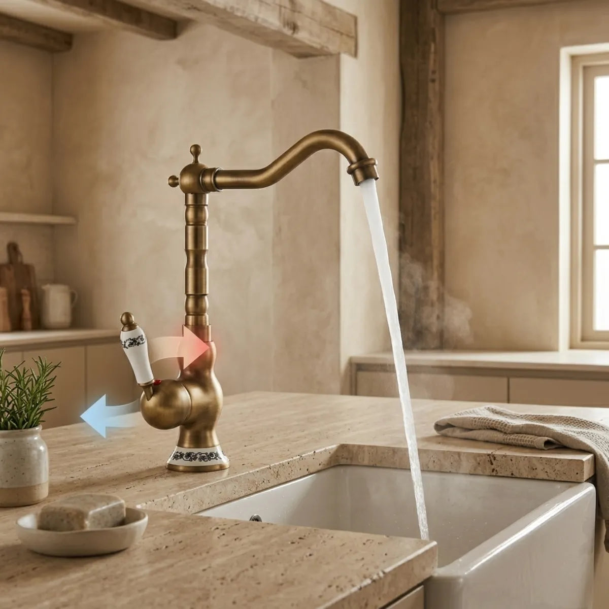 Imagem de uma torneira para cozinha de latão em modelo clássico na cor dourado envelhecido em pia de cozinha rústica ligada enchendo cuba com agua quente