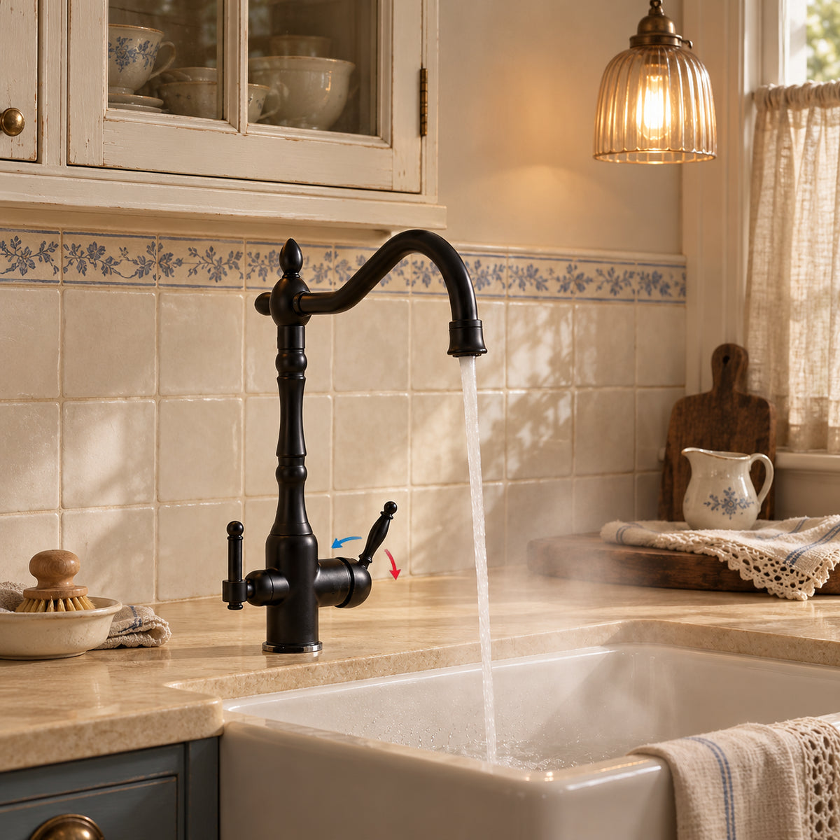 Torneira Antiqua Preta com água corrente e vapor suave sobre a cuba, com setas de água quente e fria junto à alavanca