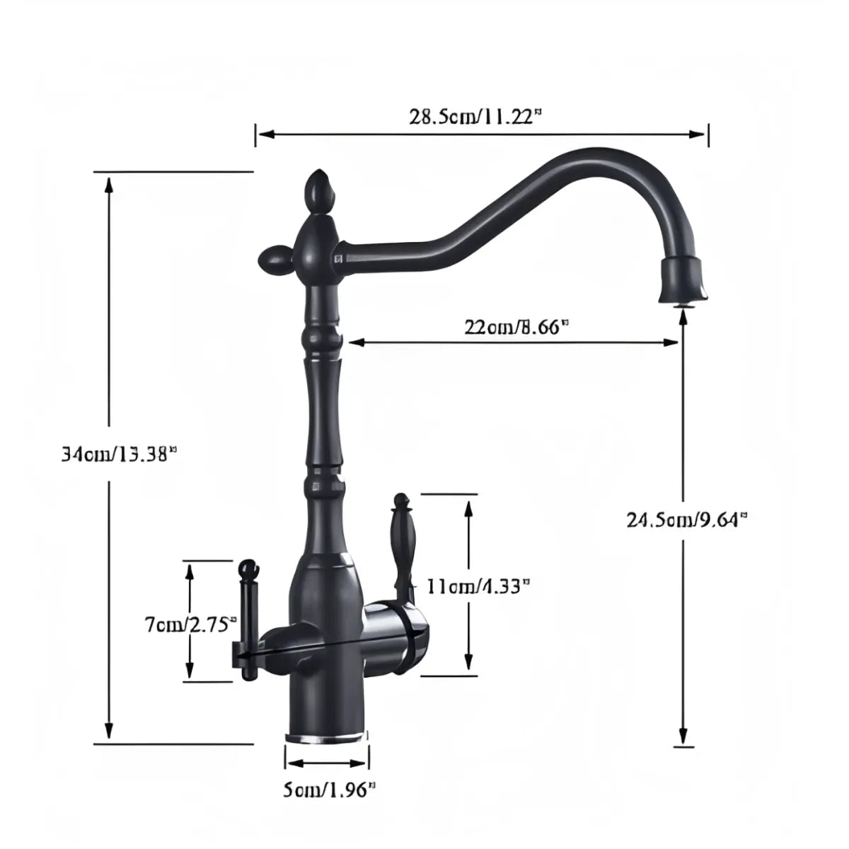 Diagrama da torneira Antiqua Preta com altura de 34 cm, comprimento de 28,5 cm e demais medidas de instalação
