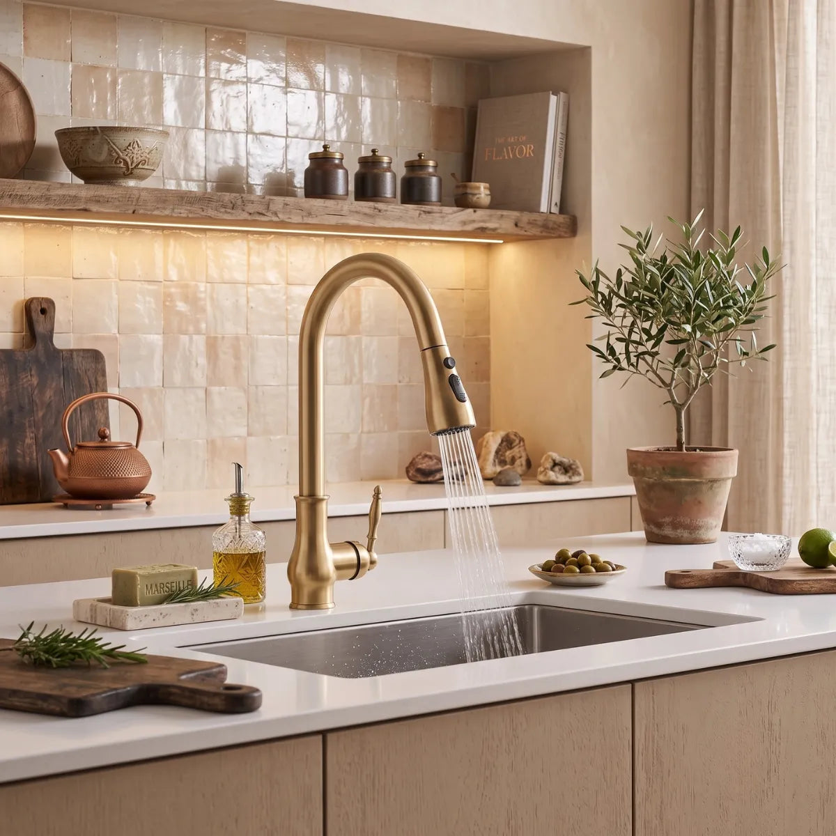 Torneira gourmet dourada vintage com ducha retrátil em modo chuveiro sobre pia de inox em cozinha com azulejos artesanais iluminados