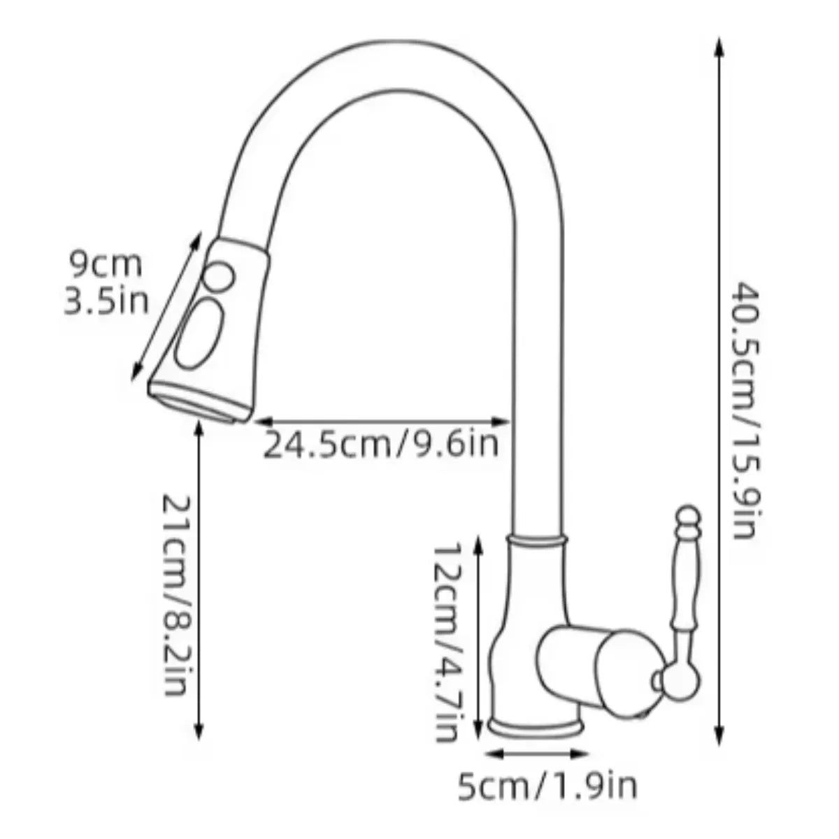 Diagrama técnico com medidas da torneira vintage dourada monocomando com ducha pull-down