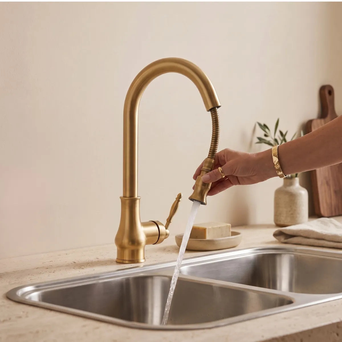 Torneira dourada vintage com ducha pull-down sendo puxada pela mão com água em jato sobre pia dupla de inox