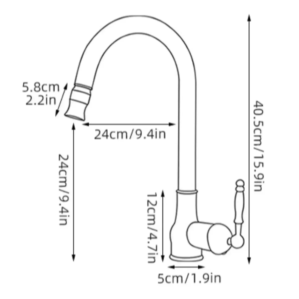 Diagrama técnico com medidas da torneira vintage dourada monocomando com ducha retrátil: altura 40,5cm, largura 24cm