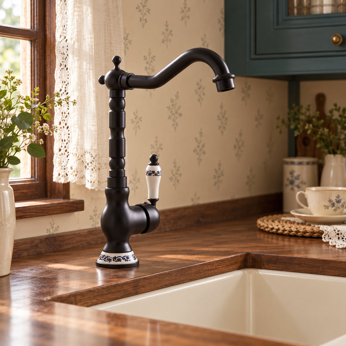 Torneira para Cozinha Monocomando Vintage Clássica Élise Preta sobre bancada de madeira, com comando e base em porcelana floral