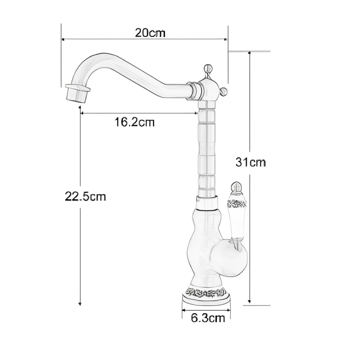 Diagrama da torneira Élise Preta com altura de 31 cm, comprimento de 20 cm e demais medidas de instalação