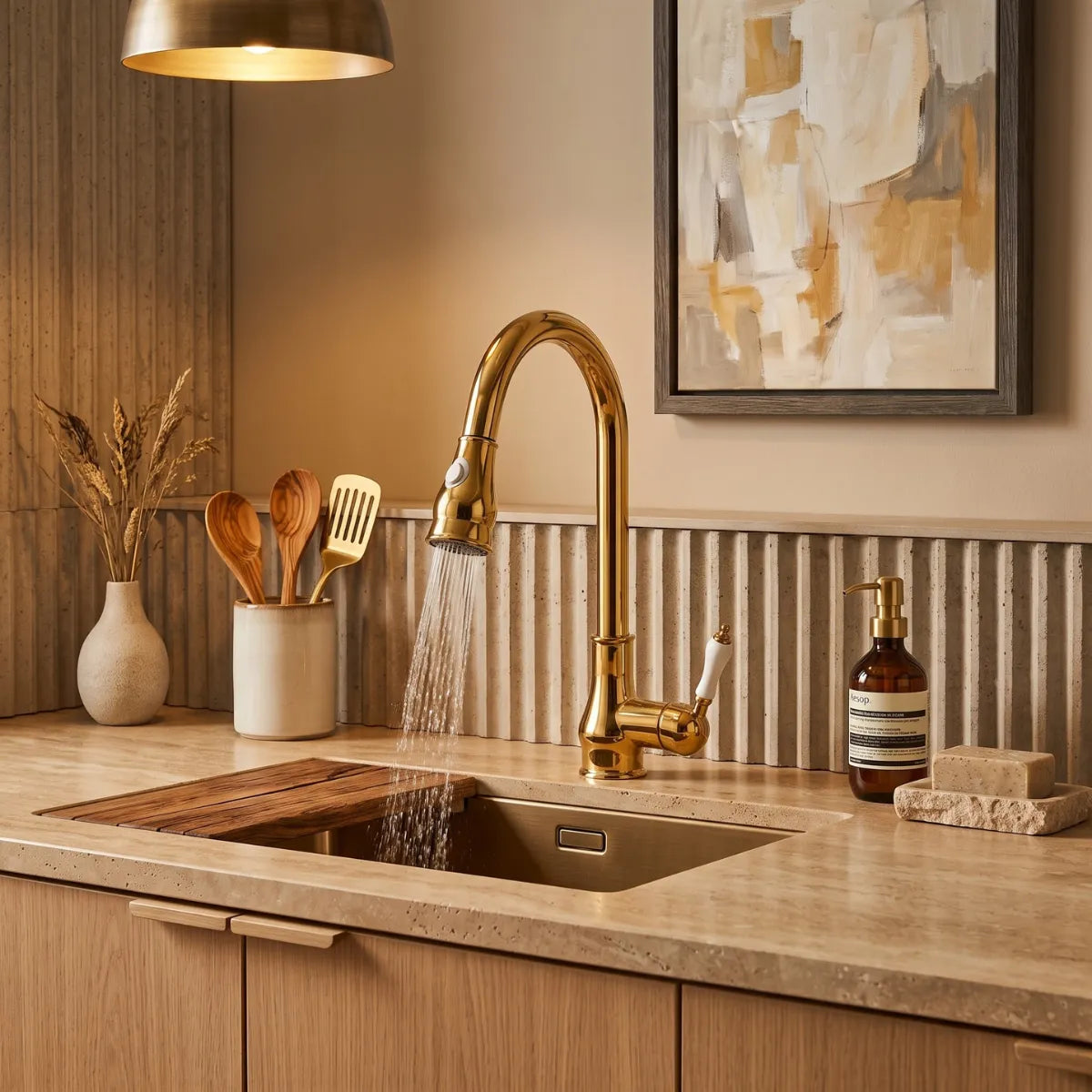 Misturador vintage dourado polido com ducha em modo chuveiro sobre pia de inox em cozinha com revestimento ripado e pendente dourado