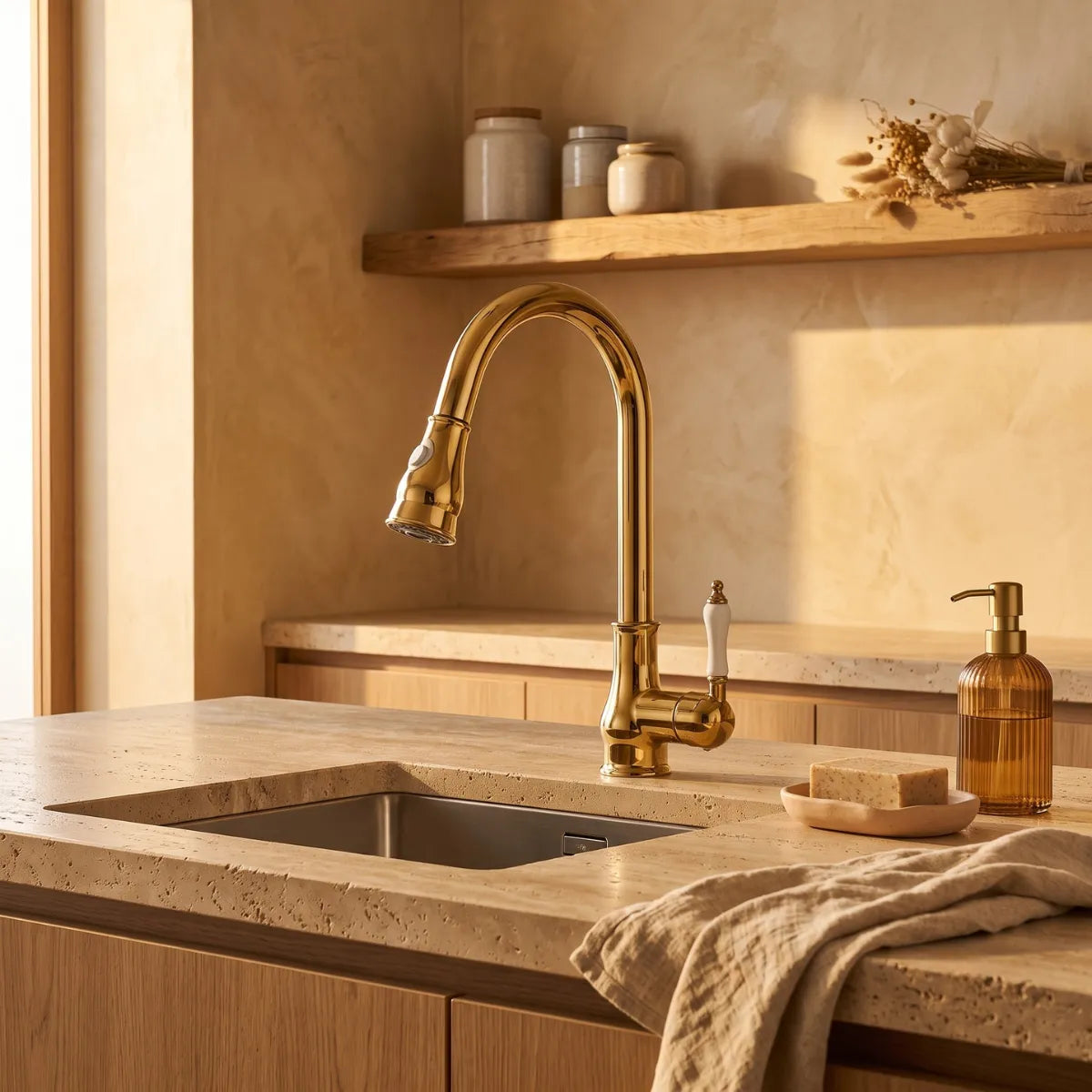Torneira dourada vintage com alavanca em porcelana e ducha retrátil sobre pia de inox em bancada de travertino com luz natural