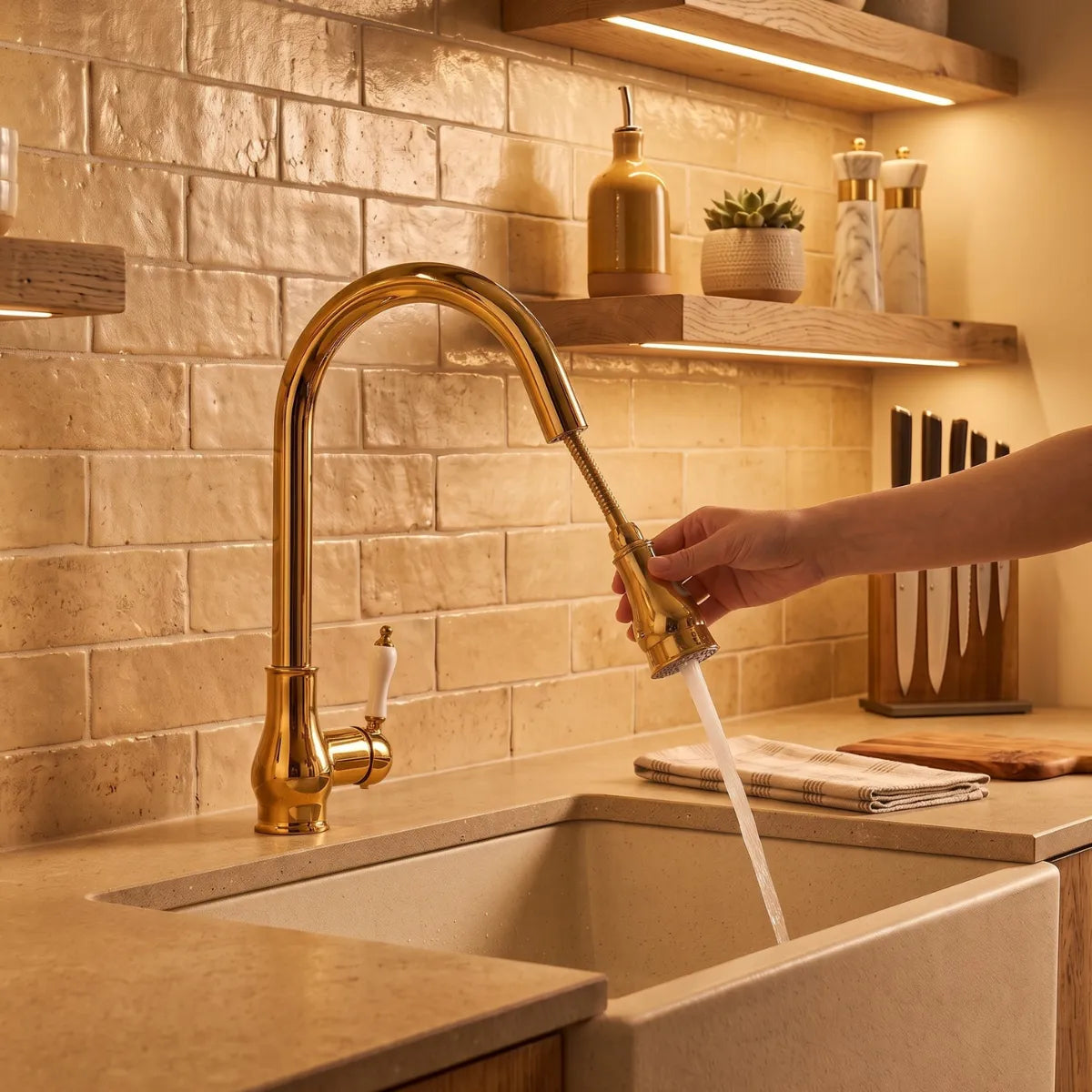 Torneira dourada clássica com ducha pull-down sendo puxada sobre pia de pedra em cozinha com azulejos e prateleiras iluminadas