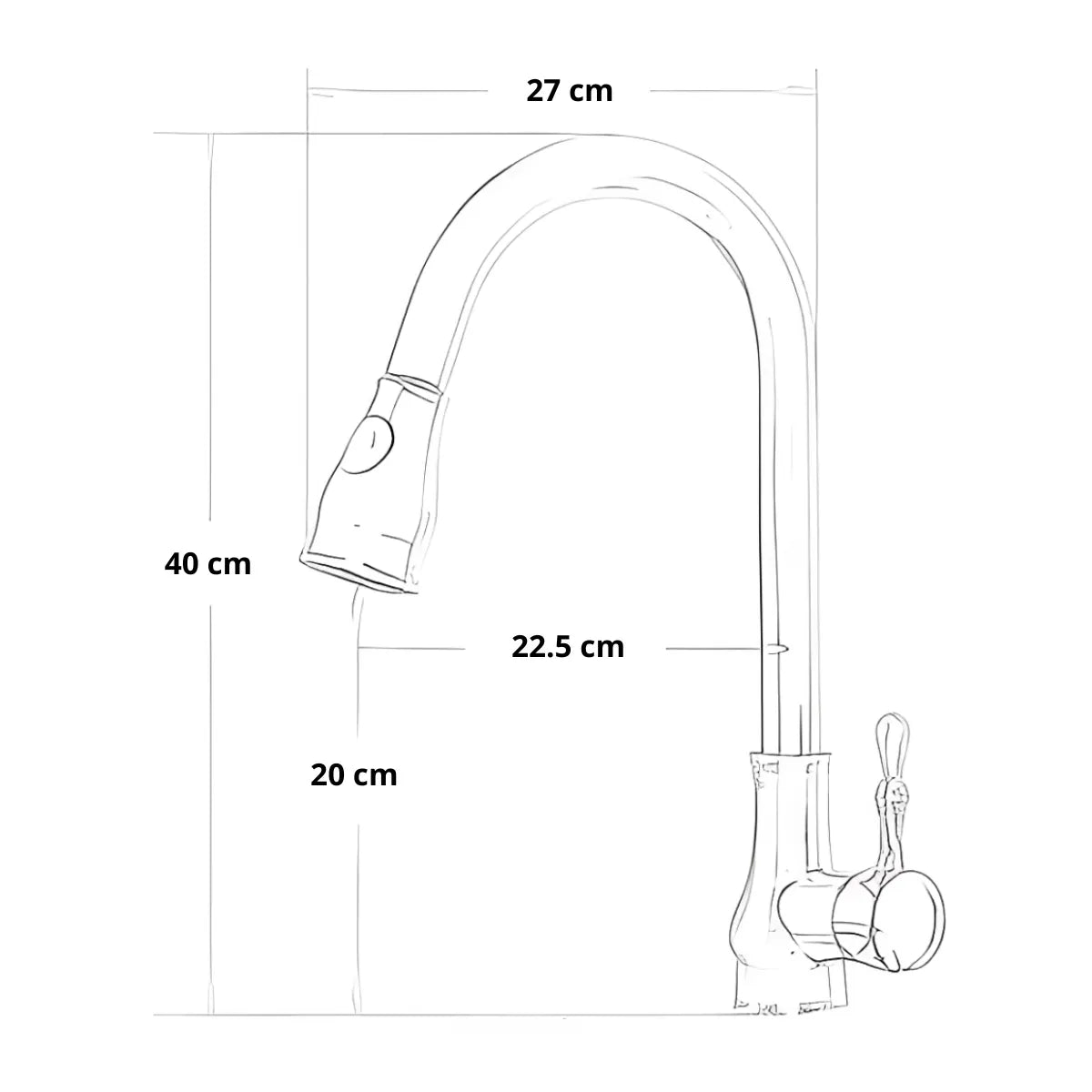 Diagrama técnico com medidas da torneira vintage dourada monocomando: altura 40cm, largura 27cm, projeção 22,5cm